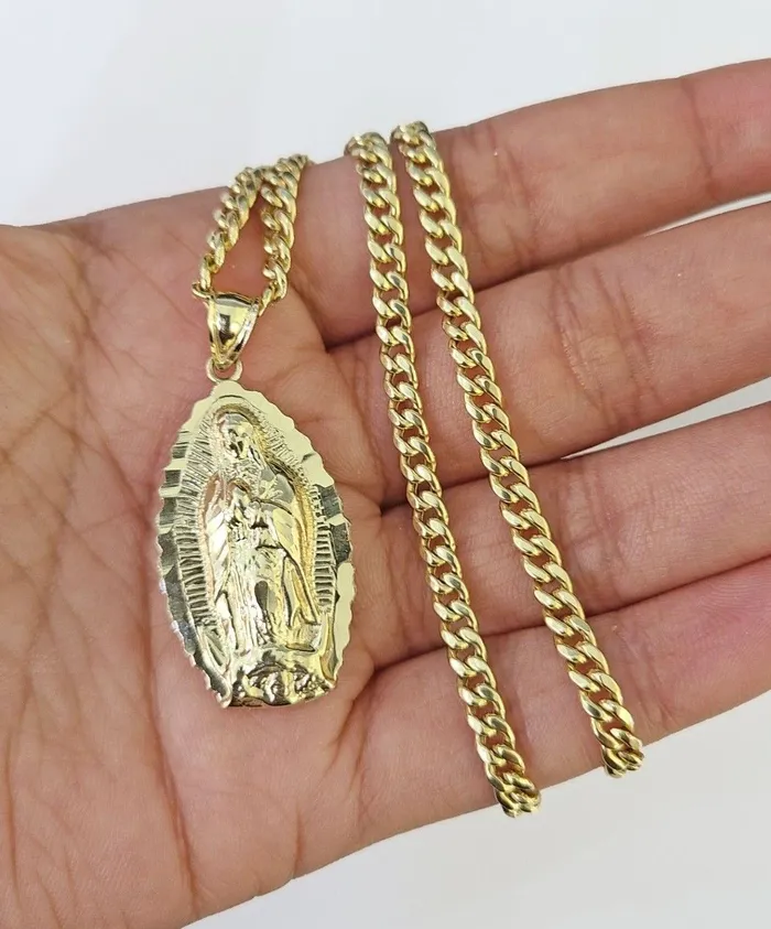 Necklaces 10k Miami Cuban Chain Virgin Mary Charm Set 4mm 1828 Necklace Yellow Gold Globalwatches10
