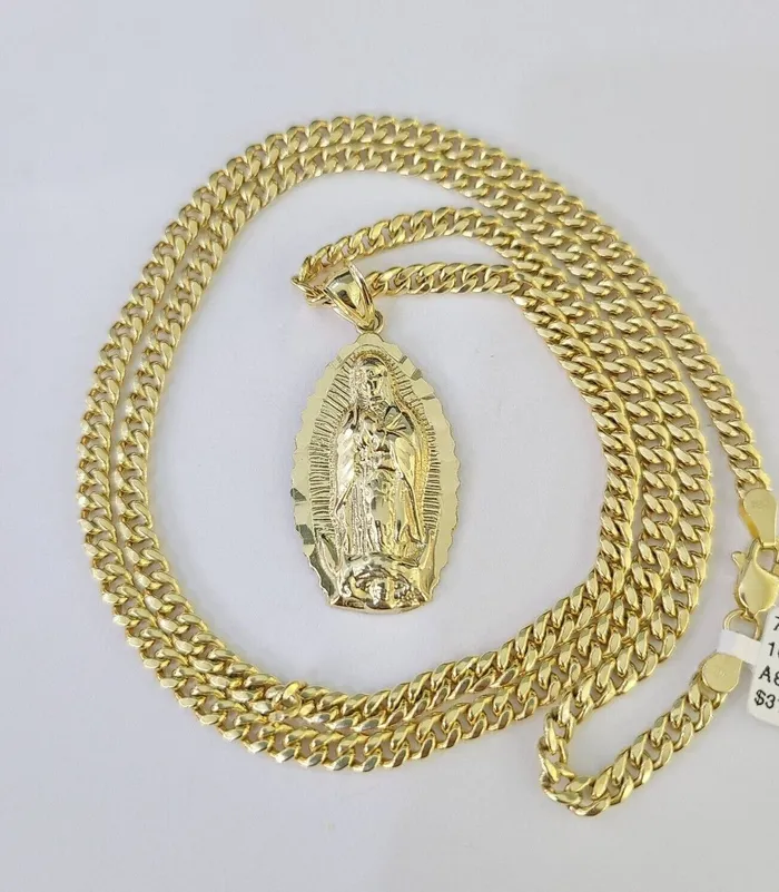 Necklaces 10k Miami Cuban Chain Virgin Mary Charm Set 4mm 1828 Necklace Yellow Gold Globalwatches10