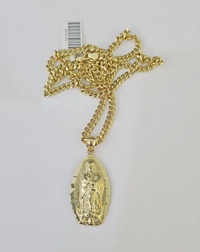 Necklaces 10k Miami Cuban Chain Virgin Mary Charm Set 4mm 1828 Necklace Yellow Gold Globalwatches10
