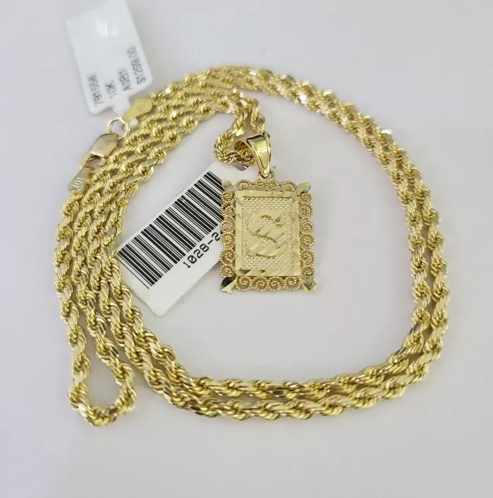 Necklaces Gold and Diamond 10k Gold Initial S Charm Rope Chain 1626 25mm SET Necklace Alphabet Pendant