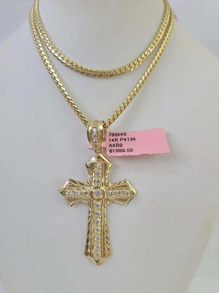 Necklaces Gold and Diamond Real 14k Solid Chain Cross Charm Set Miami Cuban Link 3mm Necklace Pendant Gold Necklaces Gold and Diamond Real 14k Solid Chain Cross Charm Set Miami Cuban Link 3mm Necklace Pendant Gold