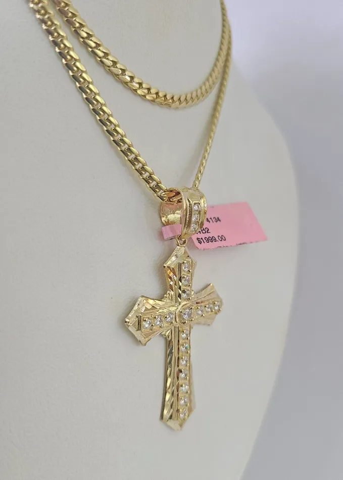 Necklaces Gold and Diamond Real 14k Solid Chain Cross Charm Set Miami Cuban Link 3mm Necklace Pendant Gold