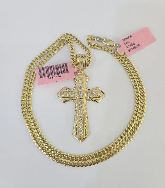 Necklaces Gold and Diamond Real 14k Solid Chain Cross Charm Set Miami Cuban Link 3mm Necklace Pendant Gold