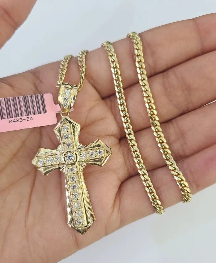 Necklaces Gold and Diamond Real 14k Solid Chain Cross Charm Set Miami Cuban Link 3mm Necklace Pendant Gold