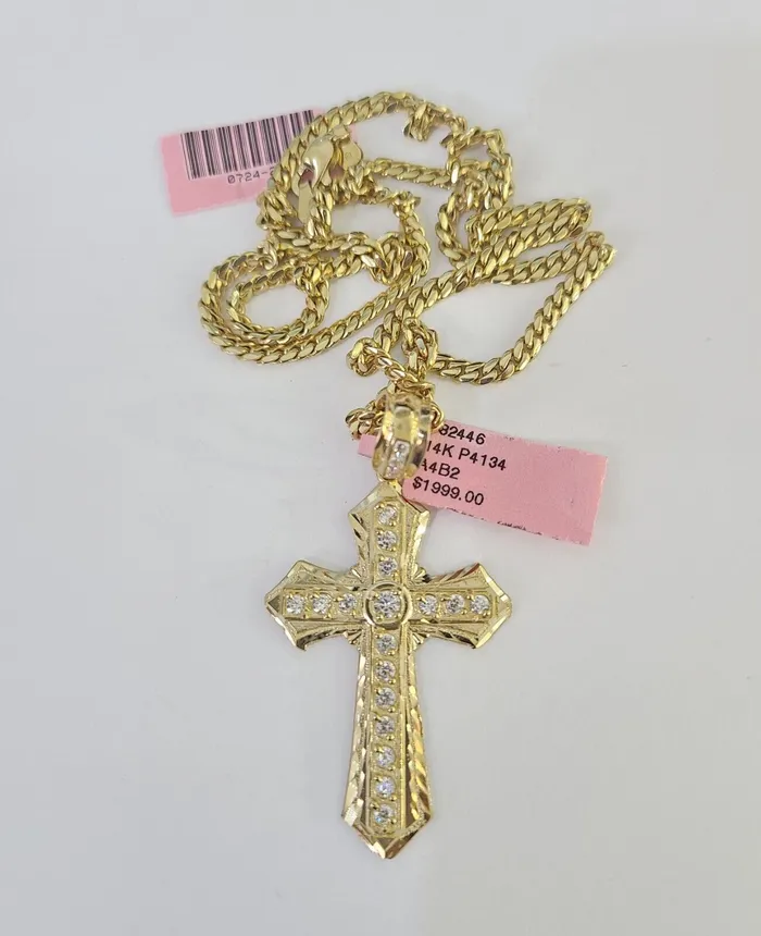 Necklaces Gold and Diamond Real 14k Solid Chain Cross Charm Set Miami Cuban Link 3mm Necklace Pendant Gold