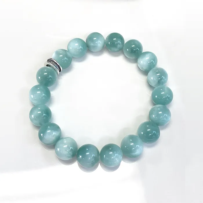 Bracelets Elisa Ilana Green Cats Eye Stretch Bracelet with Sterling Silver Charm