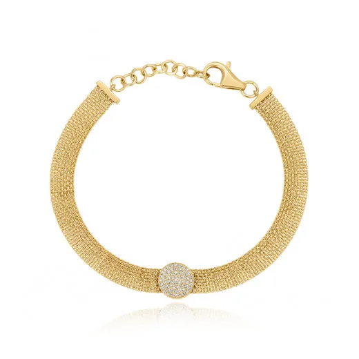 Bracelets Gold Mesh Chain Diamond Bracelet with Pave Circle Alev Jewelry