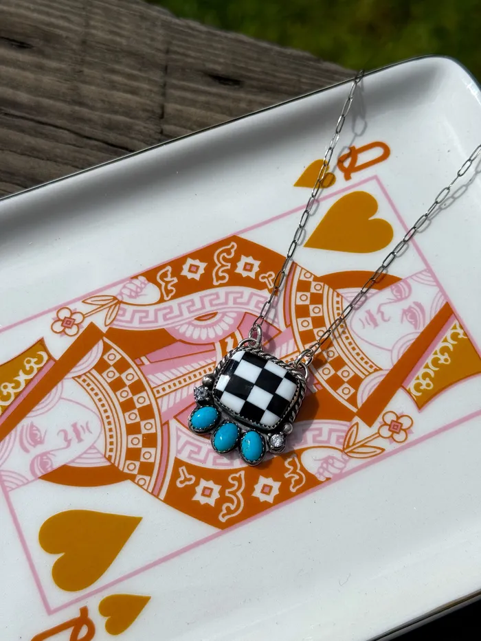 Checkered Turquoise CZ Necklace L Bar 3 Co Necklaces