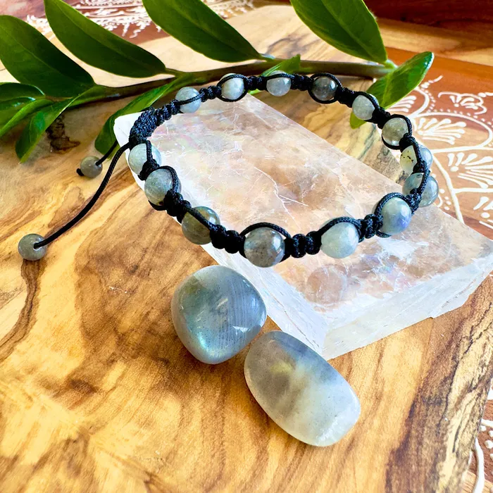 Lily Rose Jewelry Bracelets NEW Labradorite New Moon Inner Light Meditation Protection Against Negativity Woven Inner Strength Collection Nylon Braided Adjustable 6mm Bead Bracelet