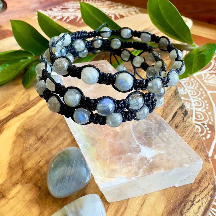 Lily Rose Jewelry Bracelets NEW Labradorite New Moon Inner Light Meditation Protection Against Negativity Woven Inner Strength Collection Nylon Braided Adjustable 6mm Bead Bracelet