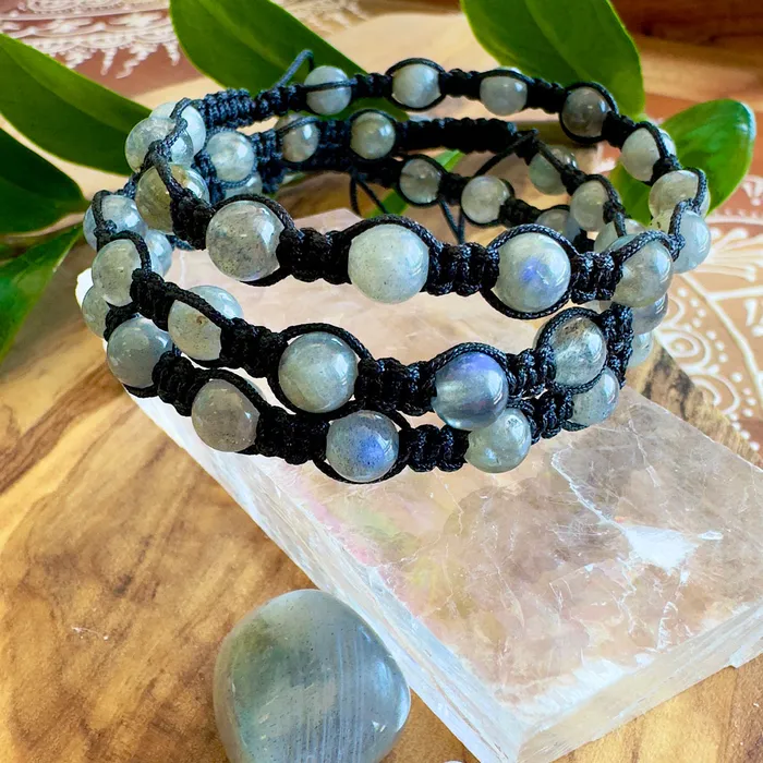 Lily Rose Jewelry Bracelets NEW Labradorite New Moon Inner Light Meditation Protection Against Negativity Woven Inner Strength Collection Nylon Braided Adjustable 6mm Bead Bracelet