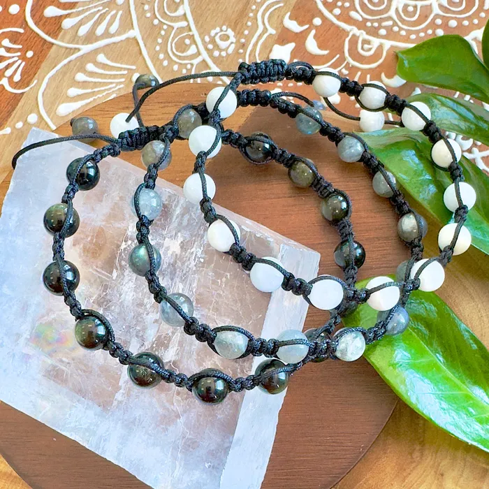 Lily Rose Jewelry Bracelets NEW Labradorite New Moon Inner Light Meditation Protection Against Negativity Woven Inner Strength Collection Nylon Braided Adjustable 6mm Bead Bracelet