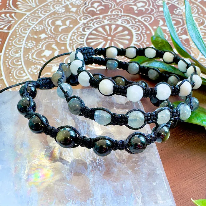 Lily Rose Jewelry Bracelets NEW Labradorite New Moon Inner Light Meditation Protection Against Negativity Woven Inner Strength Collection Nylon Braided Adjustable 6mm Bead Bracelet