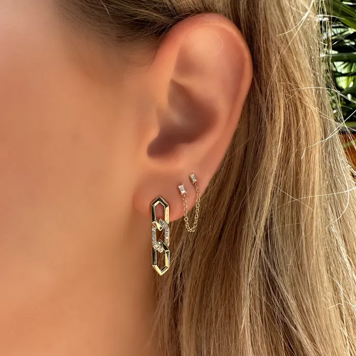 14K Gold Baguette Diamonds Chained Earring Izakov Diamonds Fine Jewelry Earrings