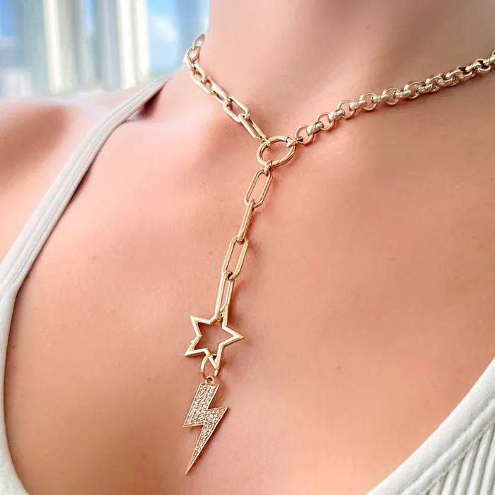 14K Gold Half Chunky Rolo Half Round Paper Clip Lariat Chain Necklace Izakov Diamonds Fine Jewelry Necklaces