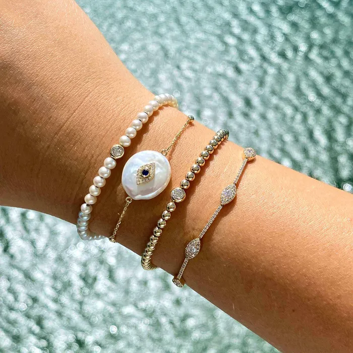 Bracelets Izakov Diamonds Fine Jewelry 14K Gold Bezel Diamond Pearl Bracelet
