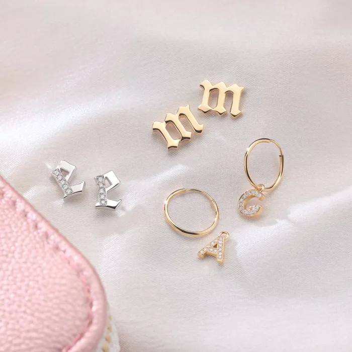 Earrings Gothic Initial Stud Single Earring AZ 14K Solid 14K White Yellow Rose Gold 302 Fine Jewelry