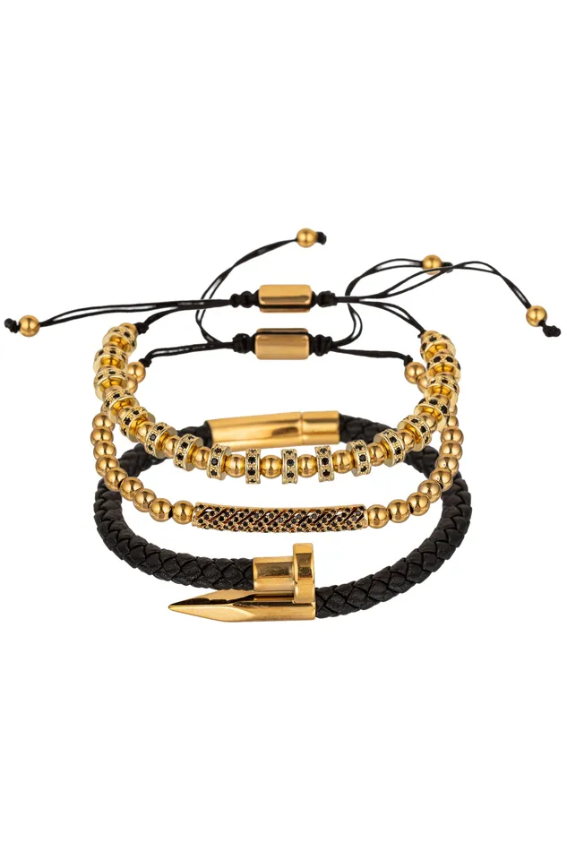 Eye Candy LA Bracelets Solomun 3 Piece Leather and Brass Beaded Bracelet Set