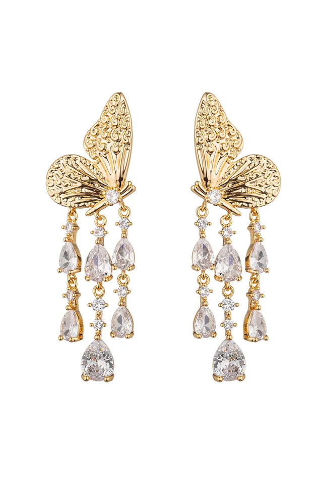 Eye Candy LA Earrings Golden Monarch Cubic Zirconia Butterfly Drop Earrings