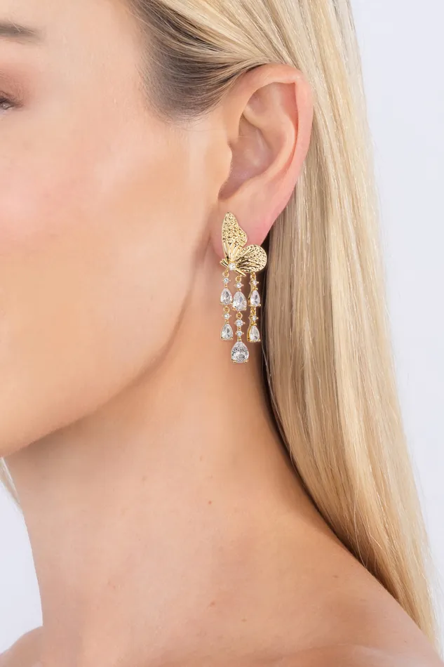 Eye Candy LA Earrings Golden Monarch Cubic Zirconia Butterfly Drop Earrings