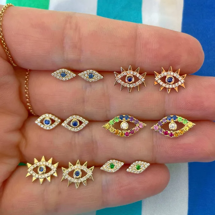 Izakov Diamonds Fine Jewelry Earrings 14K Gold Micro Pave Diamond Green Evil Eyes Earrings