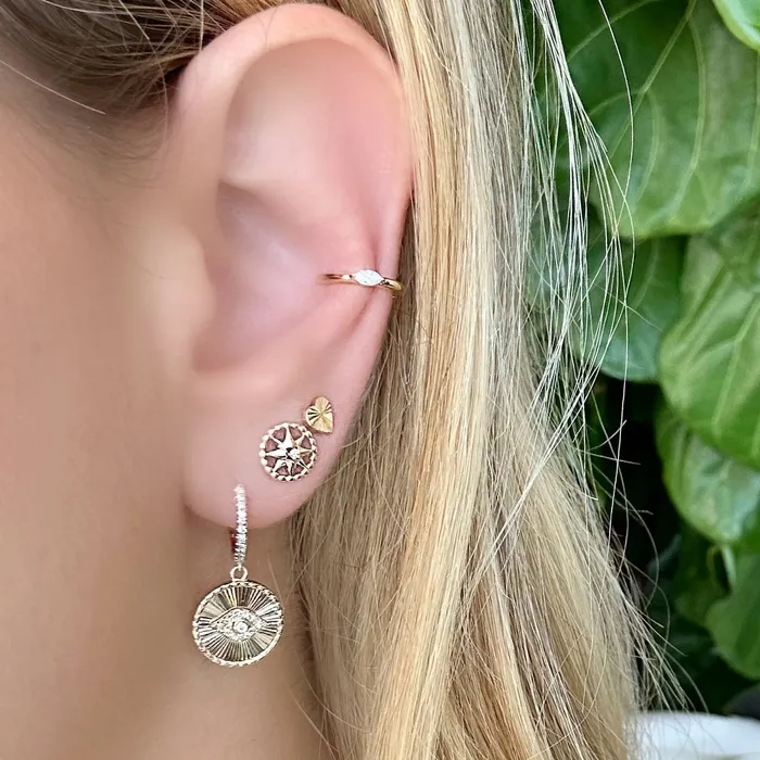 Izakov Diamonds Fine Jewelry Earrings 14K Gold Radiating Evil Eye Diamond Huggie Earrings