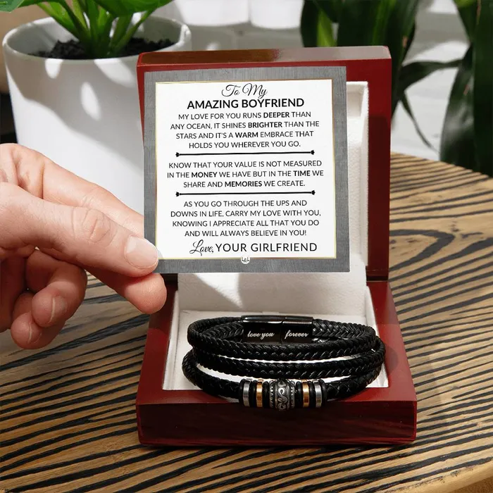 ShineOn Fulfillment Bracelets Gift For Boyfriend From Girlfriend In Love And Memories Mens Braided Leather Bracelet Great As A Christmas Gift or A Birthday Present For Him