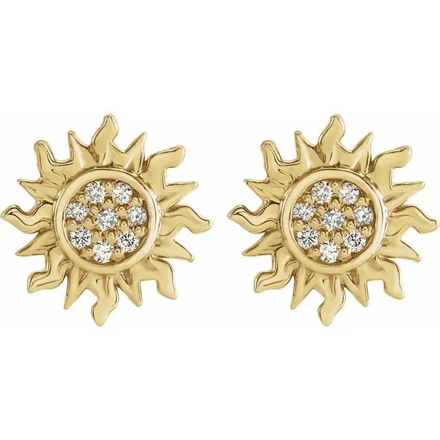 Storyteller by Vintage Magnality Earrings Celestial Sun Natural Diamond Stud Earrings Solid 14K Rose White Yellow Gold