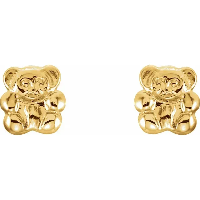 Storyteller by Vintage Magnality Youth Teddy Bear Stud Threaded Back Earrings Solid 14K Yellow Gold Earrings