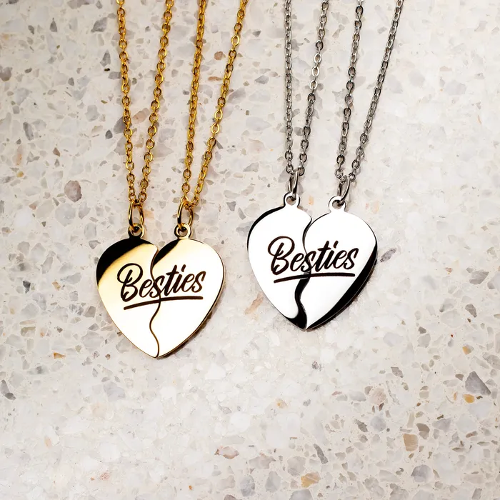 Waterproof Besties Split Heart BFF Engraved Pendant Necklace Set Grayling Necklaces