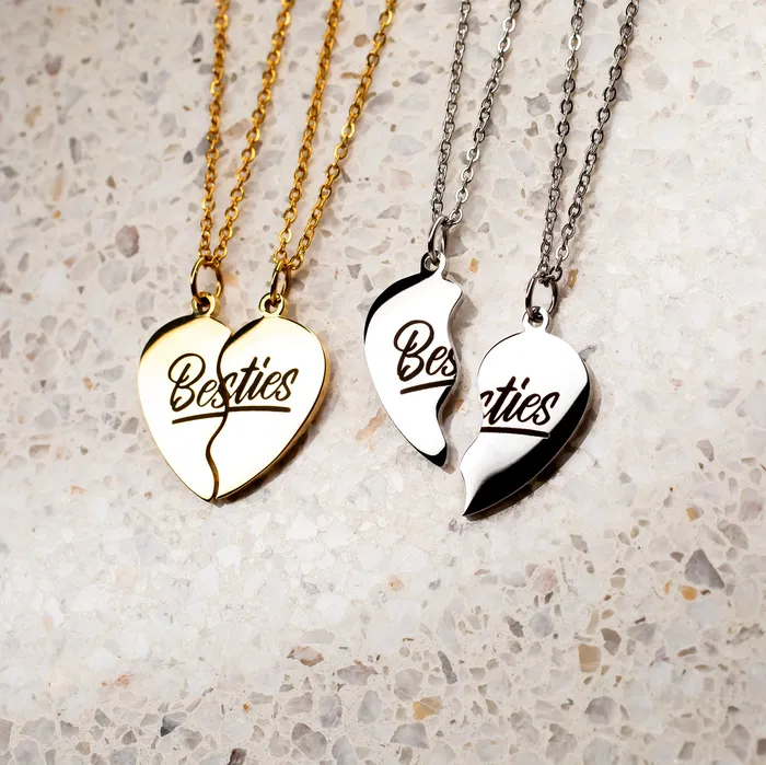 Waterproof Besties Split Heart BFF Engraved Pendant Necklace Set Grayling Necklaces