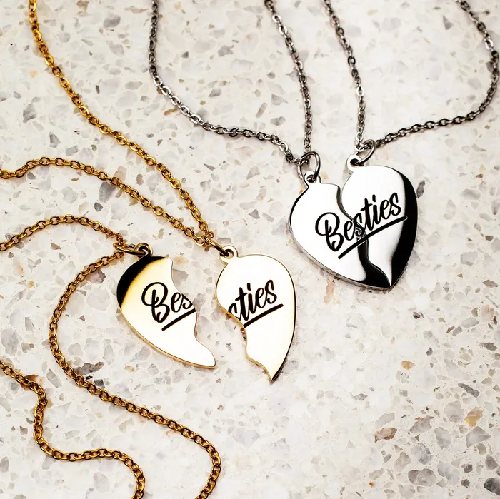 Waterproof Besties Split Heart BFF Engraved Pendant Necklace Set Grayling Necklaces