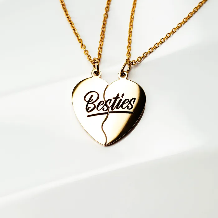 Waterproof Besties Split Heart BFF Engraved Pendant Necklace Set Grayling Necklaces