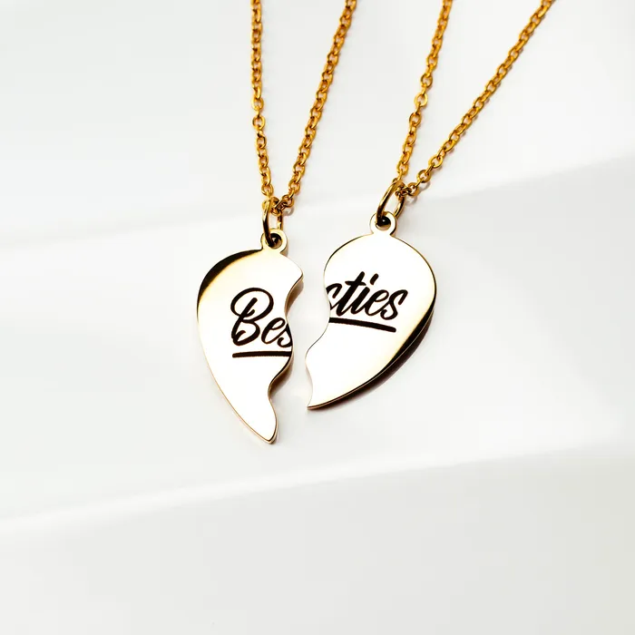 Waterproof Besties Split Heart BFF Engraved Pendant Necklace Set Grayling Necklaces
