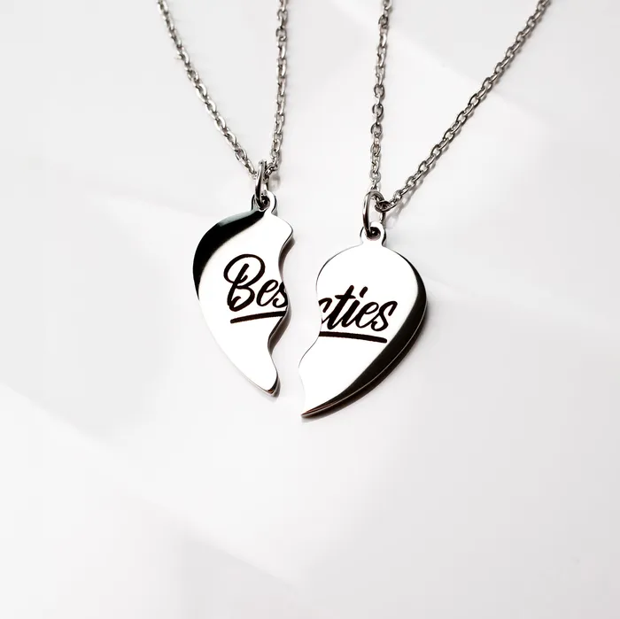 Waterproof Besties Split Heart BFF Engraved Pendant Necklace Set Grayling Necklaces