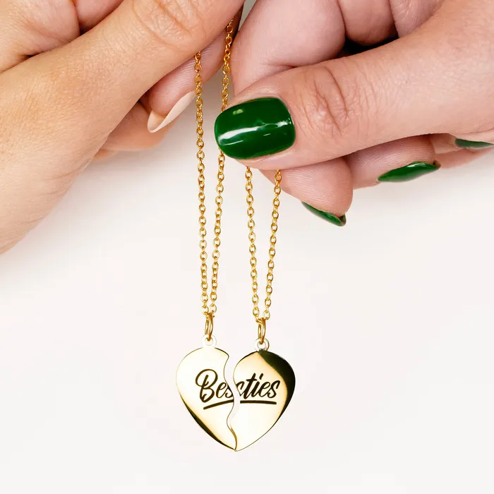 Waterproof Besties Split Heart BFF Engraved Pendant Necklace Set Grayling Necklaces