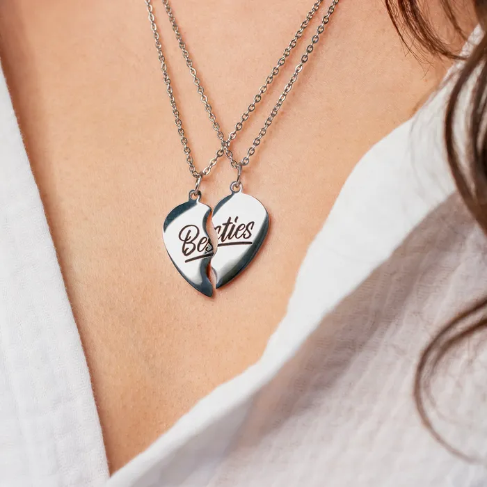 Waterproof Besties Split Heart BFF Engraved Pendant Necklace Set Grayling Necklaces